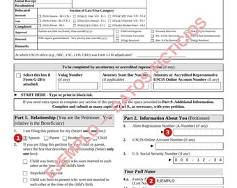 May include: A black and white USCIS Form I-130, Petition for Alien Relative, featuring a header with the Department of Homeland Security seal, form title, and expiration date. The document includes sections for USCIS use, applicant information, and relationship details.