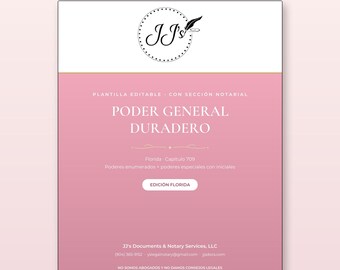 May include: A digital document template titled Poder General Duradero, featuring a pink and white layout with a logo of the letters JJ's and a quill. The text includes Florida Cap. 709, Notario en inglés, and contact details for JJ's Documents & Notary Services, LLC.