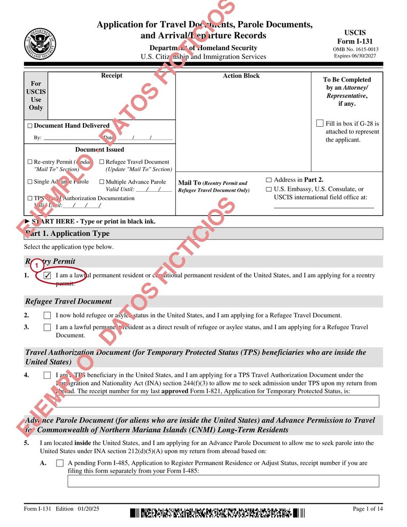 May include: A black and white USCIS Form I-131, Application for Travel Documents, Parole Documents, and Arrival/Departure Records. The document features a header with the Department of Homeland Security seal and a red watermark reading EJEMPLO DATOS FICTICIOS.