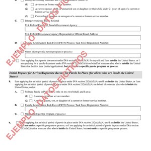 May include: A white government form titled Part 1. Application Type (continued) with black text, checkboxes, and blank fields. The document includes sections for military members, parole referrals, and family reunification, marked with a red watermark.