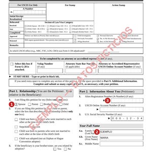 May include: A black and white USCIS Form I-130, Petition for Alien Relative, featuring a header with the Department of Homeland Security seal, form title, and expiration date. The document includes sections for USCIS use, applicant information, and relationship details.