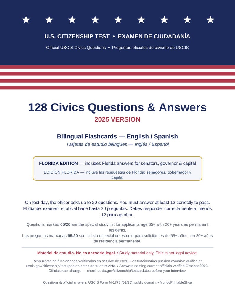 May include: A white informational document titled 128 Civics Questions & Answers 2025 Version, featuring a blue header with white stars and red stripes. It includes bilingual text in English and Spanish regarding U.S. citizenship test preparation.