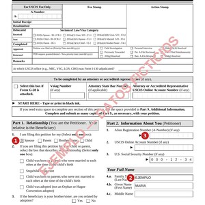 May include: A black and white USCIS Form I-130, Petition for Alien Relative, featuring a header with the Department of Homeland Security seal, form title, and expiration date. The document includes sections for USCIS use, applicant information, and relationship details.