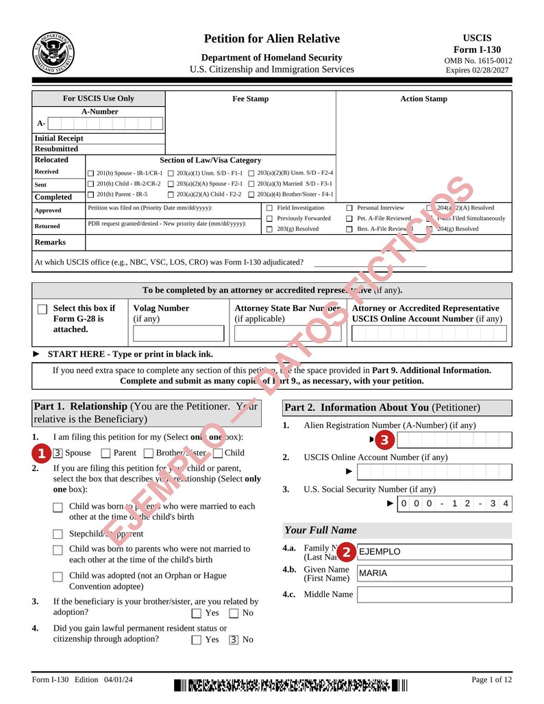 May include: A black and white USCIS Form I-130, Petition for Alien Relative, featuring a header with the Department of Homeland Security seal, form title, and expiration date. The document includes sections for USCIS use, applicant information, and relationship details.