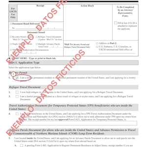 May include: A black and white USCIS Form I-131, Application for Travel Documents, Parole Documents, and Arrival/Departure Records. The document features a header with the Department of Homeland Security seal and a red watermark reading EJEMPLO DATOS FICTICIOS.