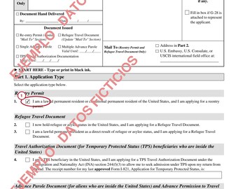 May include: A black and white USCIS Form I-131, Application for Travel Documents, Parole Documents, and Arrival/Departure Records. The document features a header with the Department of Homeland Security seal and a red watermark reading EJEMPLO DATOS FICTICIOS.