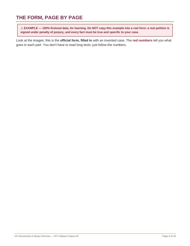 May include: A document page titled THE FORM, PAGE BY PAGE, featuring a maroon-bordered box with a warning about fictional data and perjury. Below, text explains that red numbers guide the user through the official form process.