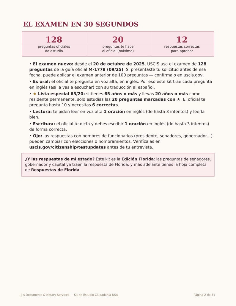 May include: An informational document titled EL EXAMEN EN 30 SEGUNDOS detailing US citizenship test requirements. It lists 128 study questions, 20 maximum questions asked, and 12 correct answers needed, including specific rules for the Florida edition.
