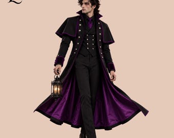 May include: A long black coat with a purple lining, a matching capelet, and silver buttons, worn over a black vest, shirt, and trousers. The ensemble includes a purple tie and is paired with black shoes. A black metal lantern is held in one hand.