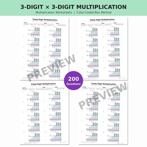 May include: A set of 3-digit by 3-digit multiplication worksheets featuring a color-coded box method. The pages include spaces for name, date, and time, with 200 total math problems organized into grids with purple, green, and blue boxes.