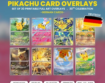 Könnte beinhalten: Ein Set aus 30 druckbaren Pikachu-Karten-Overlays für die 30-Jahres-Feier mit deutschem Text. Das Bild zeigt acht verschiedene Pikachu-Sammelkarten-Designs mit unterschiedlichen künstlerischen Hintergründen. Die Kartengröße beträgt 63,5 x 88,9 mm.