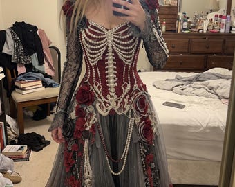 Gothic Wedding Dress | Pearl Skeleton Corset Red Gray Lace Gown | Dark Fantasy Rose Bridal Dress | Halloween Costume