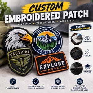 May include: Three custom embroidered patches featuring an eagle head, a mountain landscape with the text THE MOUNTAINS CALLING, and a rectangular patch with the text EXPLORE MORE. The image includes text detailing attachment options.