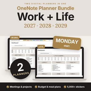 May include: A digital OneNote planner bundle for 2027, 2028, and 2029 featuring two planners for work and life. The interface displays dashboards for meetings, goals, money, health, meals, home, and family. Includes a Monday start option and 5,000+ stickers.