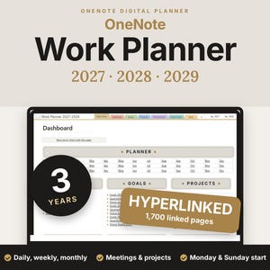 May include: A digital OneNote work planner for 2027, 2028, and 2029. The screen displays a dashboard with sections for goals and projects. A black circle indicates 3 years, and a brown rectangle notes 1,700 hyperlinked pages.