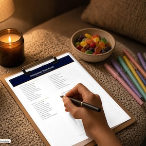 May include: A clipboard with a white paper titled Dopamine Idea Bank, featuring a dark blue header and a checklist of activities. The paper is held by a metal clip on a wooden board, with a hand holding a black pen to mark the list.