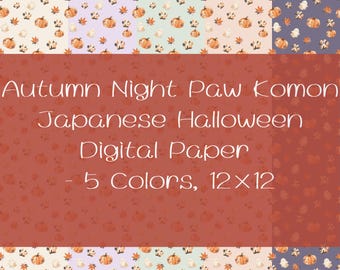 Papel digital japonés de Halloween, estampado de huellas de perro y calabaza, 5 papeles para álbumes de recortes sin costuras, PNG de 12x12, uso comercial.