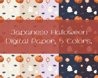 Papel digital japonés de Halloween, 5 colores, fantasmas y calabazas en acuarela, fondos para álbumes de recortes de 12x12, PNG imprimible