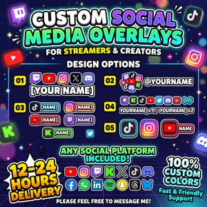 May include: Custom social media overlays for streamers and creators featuring five design options with various platform icons like Twitch, YouTube, TikTok, and Instagram. Includes text placeholders for names and social handles on a dark blue background.