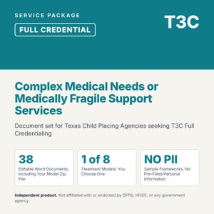 Op de afbeelding: Een digitaal servicepakket voor Texas Child Placing Agencies die T3C-accreditatie zoeken. De blauwgroene en witte afbeelding bevat de tekst T3C, 38 bewerkbare Word-documenten, 1 van 8 behandelmodellen en de vermelding NO PII.