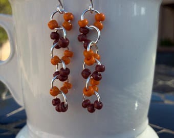 Orange and Brown Seed Bead Jump Ring Earrings