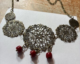 Bronze Flower with Red Beads Chain Necklace