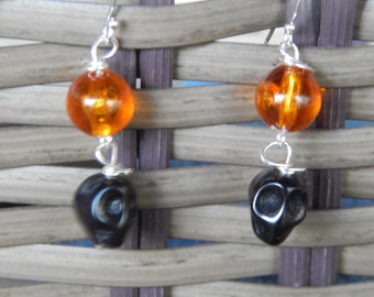 Black Skull with Orange Earrings