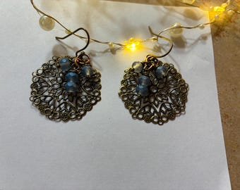 Filigree Bronze Flower with Blue Earrings