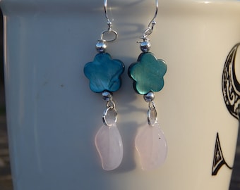 Blue Flowers with Pink Leaves Earrings