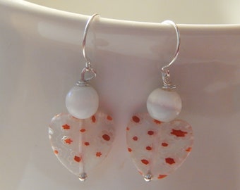 Pink Heart and White Earrings