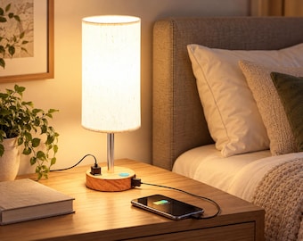 May include: A cylindrical table lamp with a white fabric shade and a light wood base. The base features two USB ports and a power button, with a black charging cable connected to a smartphone resting on the surface next to the lamp.