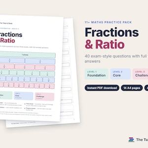 Paquete de práctica de matemáticas para el examen 11 Plus: Fracciones y razones, 40 preguntas, soluciones resueltas, imprimible