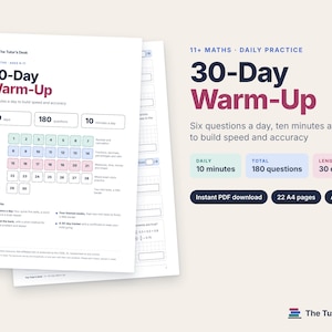 May include: A 30-day math warm-up practice resource for ages 9-11, featuring 180 questions across 22 A4 pages. The document includes a daily tracker grid, instructions, and a 10-minute daily goal to build speed and accuracy in mathematics.