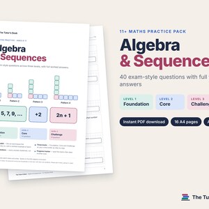 Pode incluir: Um pacote de exercícios de matemática 11+ intitulado Algebra & Sequences com 40 questões de exame. O documento inclui sequências de padrões visuais, séries numéricas e três níveis: Foundation, Core e Challenge.