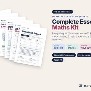 Può includere: Una raccolta di materiali didattici intitolata Complete Essex Maths Kit per studenti di 11+. Il set include 10 prove d'esame, 6 pacchetti tematici e una guida di 30 giorni, per un totale di 292 pagine A4 per bambini di 9-11 anni, in 5 download PDF.
