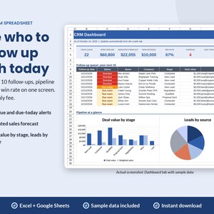May include: A digital CRM dashboard spreadsheet featuring a summary of open leads, pipeline value, and win rates. The interface includes a follow-up queue table with status alerts, a bar chart for deal value by stage, and a pie chart for leads by source.