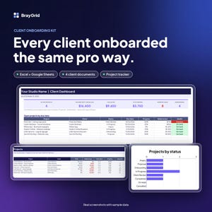 May include: A digital client onboarding kit dashboard by BrayGrid featuring project tracking spreadsheets, client documents, and status charts. The interface displays project names, client lists, financial data, and progress bars with sample data.