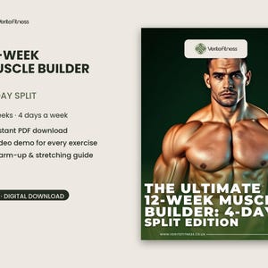 May include: A digital fitness guide titled 12-Week Muscle Builder 4-Day Split featuring the VeriteFitness logo. The cover displays a muscular individual and the text The Ultimate 12-Week Muscle Builder: 4-Day Split Edition. Includes PDF download.