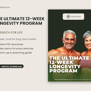 May include: A digital fitness program titled The Ultimate 12-Week Longevity Program. The document features the VeriteFitness logo, text detailing a 12-week plan, PDF download, video demos, and a warm-up guide, alongside an image of two people.
