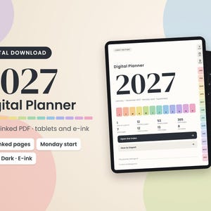 May include: A 2027 digital planner in PDF format for tablets and e-ink devices. The planner features 474 hyperlinked pages, a Monday start, and includes both light and dark mode options. The interface displays a calendar index.