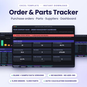 May include: An Excel template for an Order & Parts Tracker featuring a dark-themed dashboard with metrics for purchase orders, parts, and suppliers. The interface displays data tables, charts, and status alerts for order management and performance tracking.