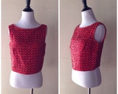 1960s Red Sequined Crop Top, 1960s Sequined Top, 34 Inch Bust, Holiday, Size Small