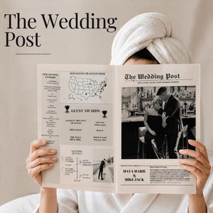 以下が含まれることがあります： The Wedding Postというタイトルの印刷された新聞。カップルの白黒写真、米国の地図、ベンダーリスト、ゲスト賞、Maya MarieとMike Jackの名前を含む結婚式の詳細が記載されています。