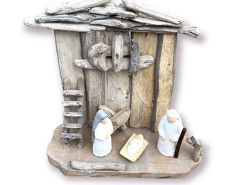 Driftwood Nativity White Washed Open Creche With Holy Family - 11-1/2-in