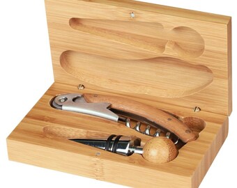 Laser Engraved Bamboo 2 Piece Wine Tool Set