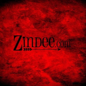 May include: A red textured background with the text "Zindee.com" in black with an arrow pointing to the right.