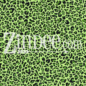 May include: Green and black leopard print fabric with a glittery texture. The fabric has a repeating pattern of leopard spots.