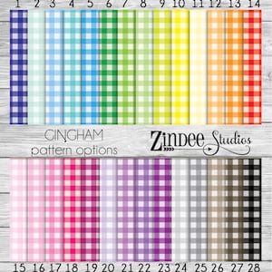 May include: A chart of 28 different gingham patterns in various colors, including blue, green, yellow, pink, purple, gray, and black. The chart is labeled "GINGHAM pattern options" and "Zindee Studios".