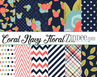 Coral navy floral printed vinyl, adhesive vinyl, heat transfer vinyl, pattern heat transfer vinyl, printed HTV or ADHESIVE vinyl
