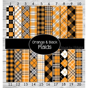 May include: Twenty digital paper designs featuring orange and black plaid patterns. The patterns are numbered 1 through 20.
